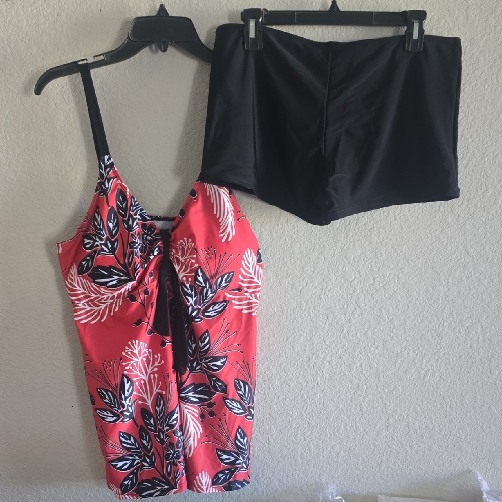 Red Floral Tankini Top with Black Swim Shorts